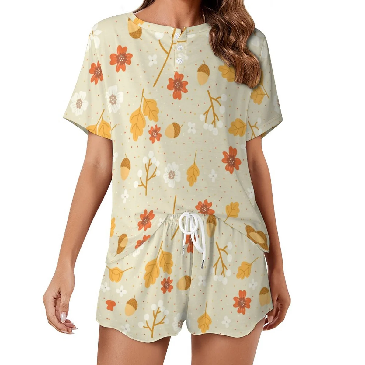 Women's Short Sleeve Tee and Shorts Pajama Set - Autumn Leaf and Acorn Graphic