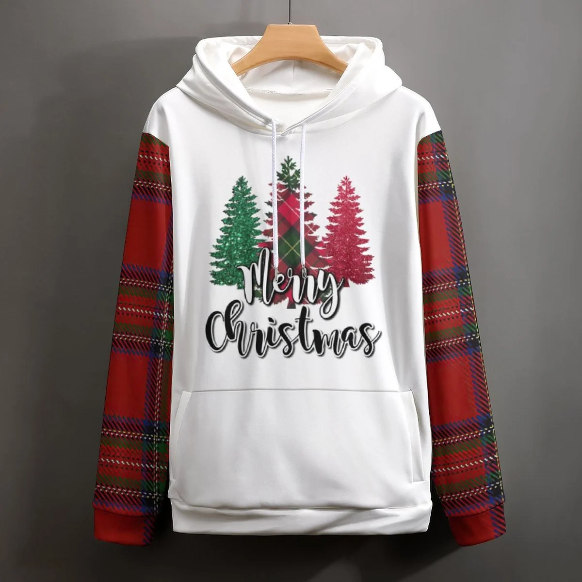 Unisex Double-Lined Hood Hoodie - Merry Christmas Tree Plaid Graphic - view 4