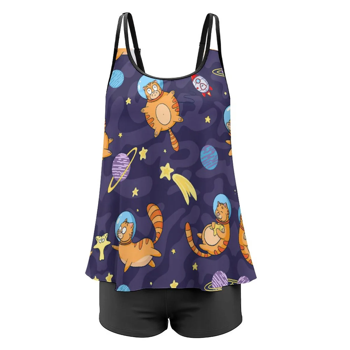 Women's Strappy Flowy Tankini Set - Space Cats Print - view 6