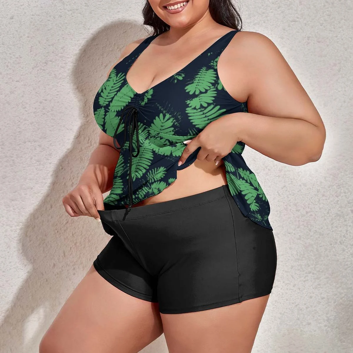 Women's Plus Size Tie-Front Flowy Tankini Set - Fern Frond Print - view 2