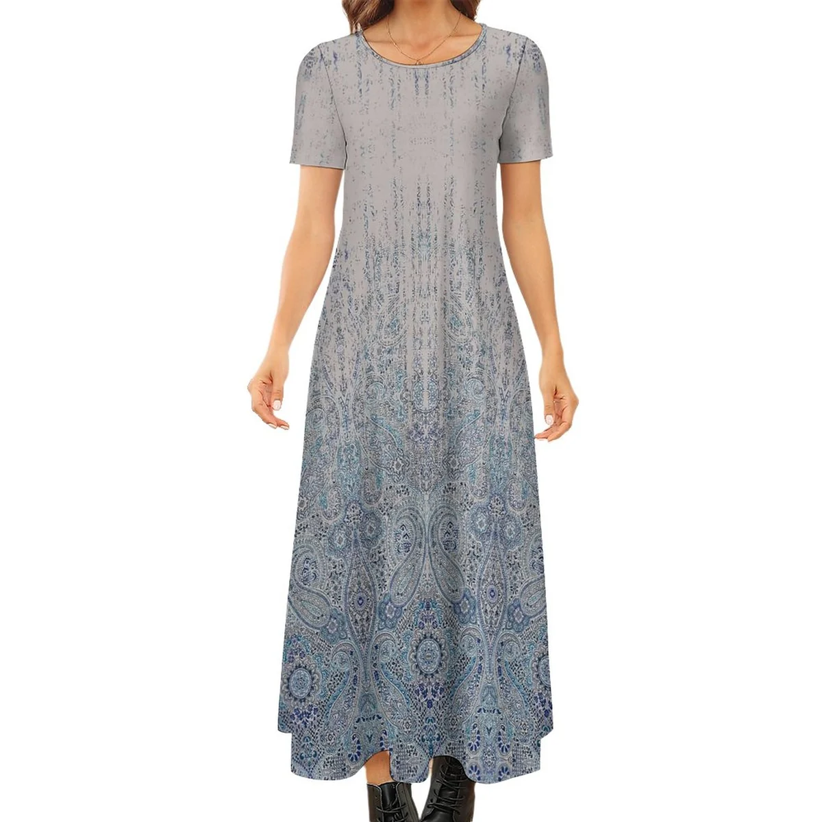 Women's Crew Neck Short Sleeve Maxi T-Shirt Dress - Paisley Ombre Print