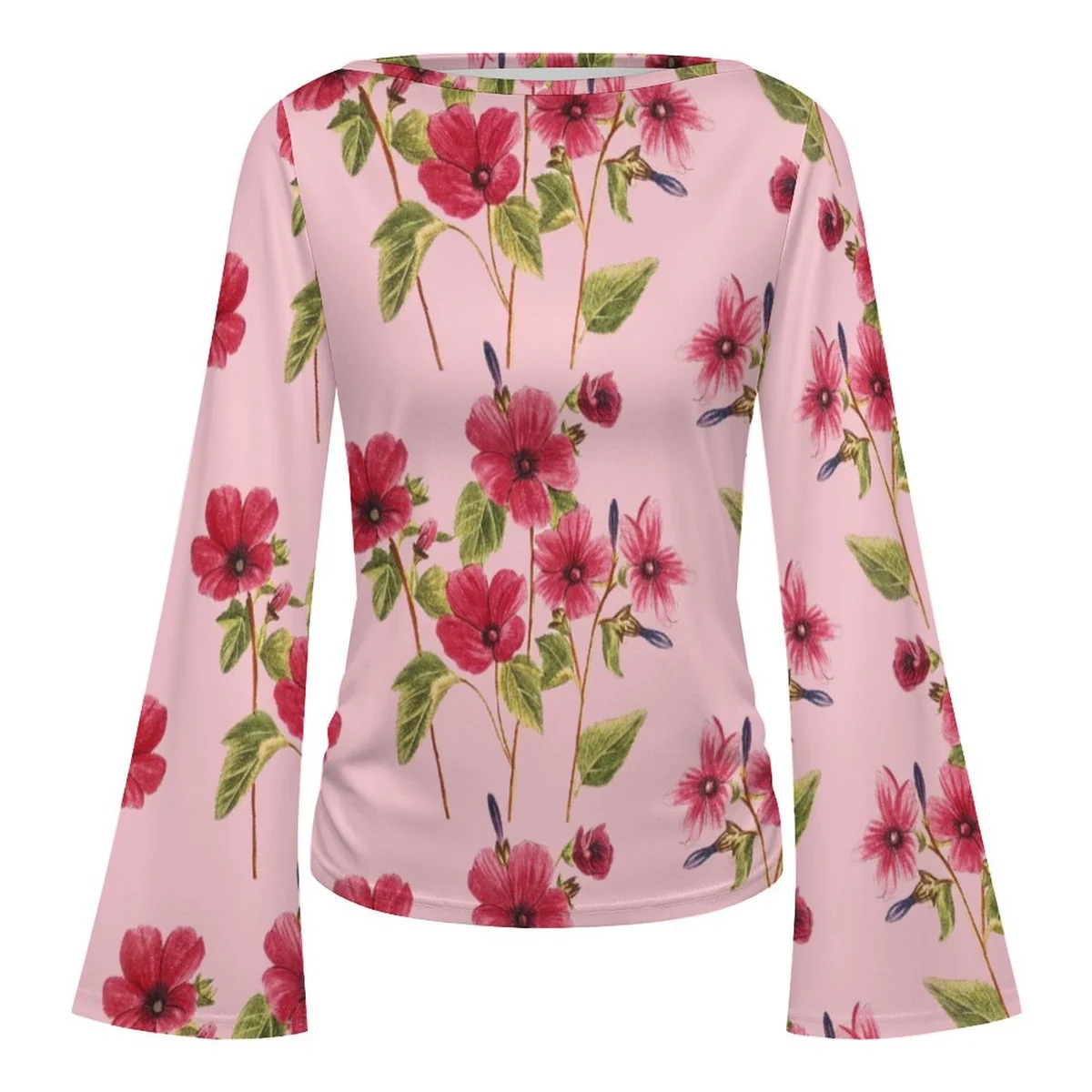 Women's Boat Neck Bell Sleeve Top - Hibiscus Sketch Print - view 4