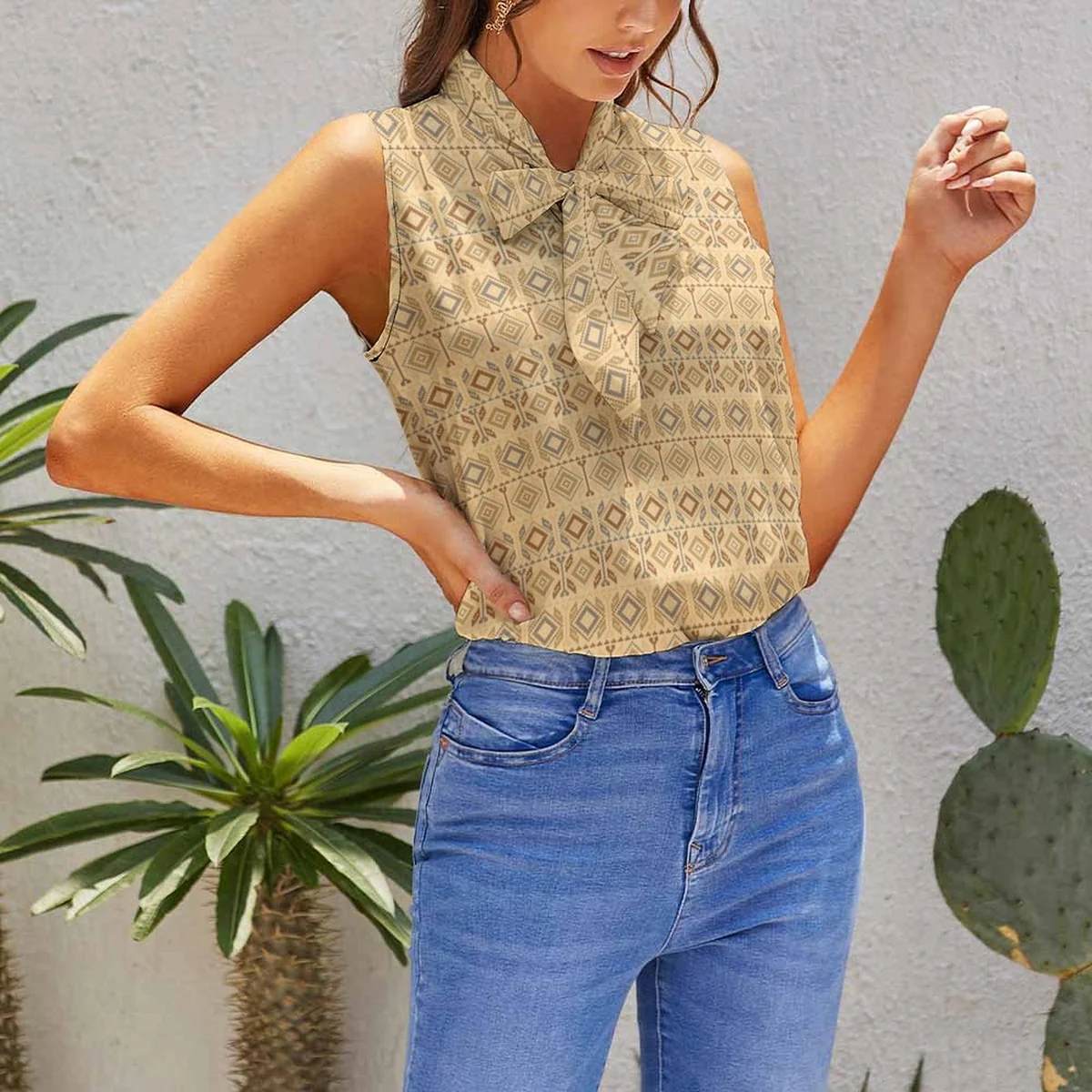 Women's Tie Neck Sleeveless Blouse - Geometric Tile Print - view 4