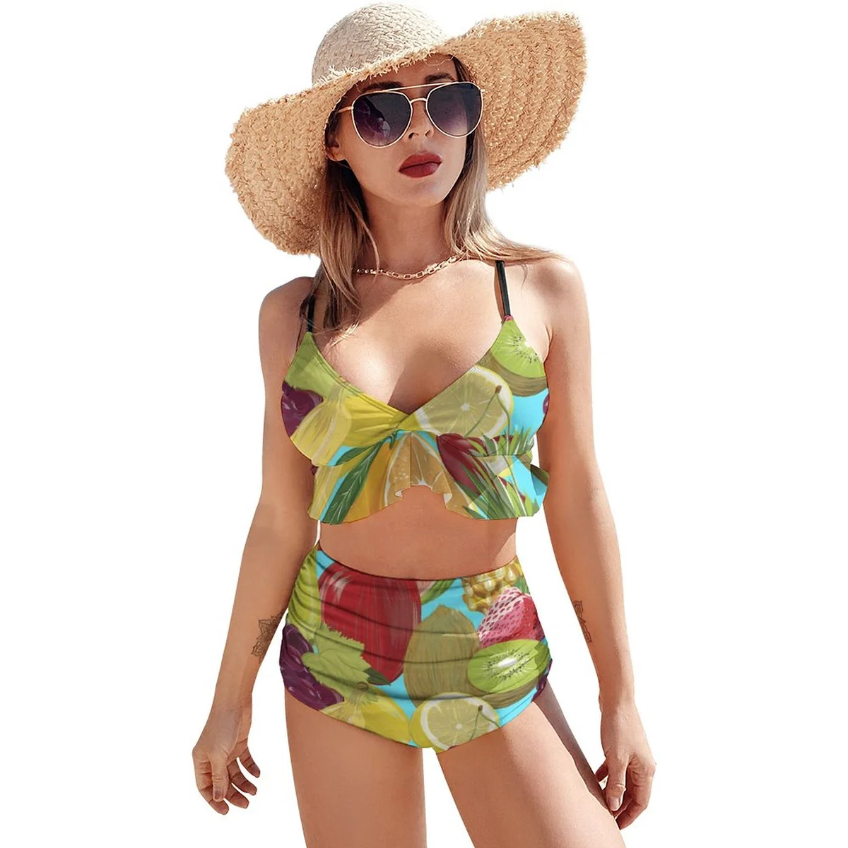 Women's Ruffle Trim High-Waist Bikini Set - Watercolor Fruit Slice Print - view 6