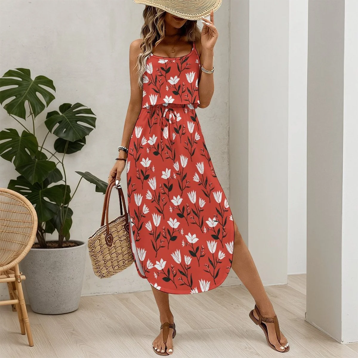 Women's Side Slit Cami Maxi Dress - Tulip Silhouette Print - view 2