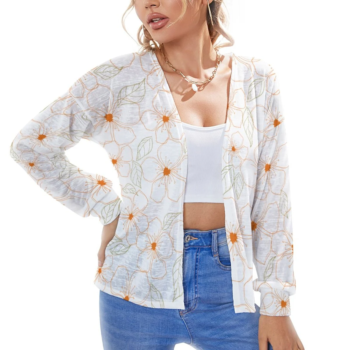 Women's Drop Shoulder Open Front Knit Cardigan - Orange Blossom Outline Print