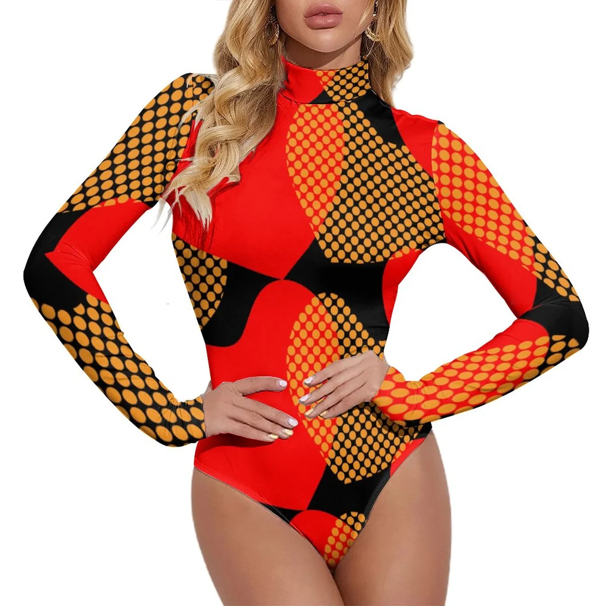 Women's Mock Neck Long Sleeve Bodysuit - Retro Dot Grid Colorblock Graphic