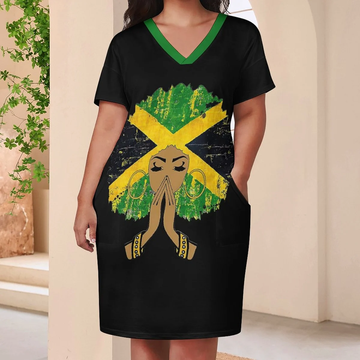 Women's V-Neck Pocket T-Shirt Dress - Jamaica Pride Silhouette Print - view 2