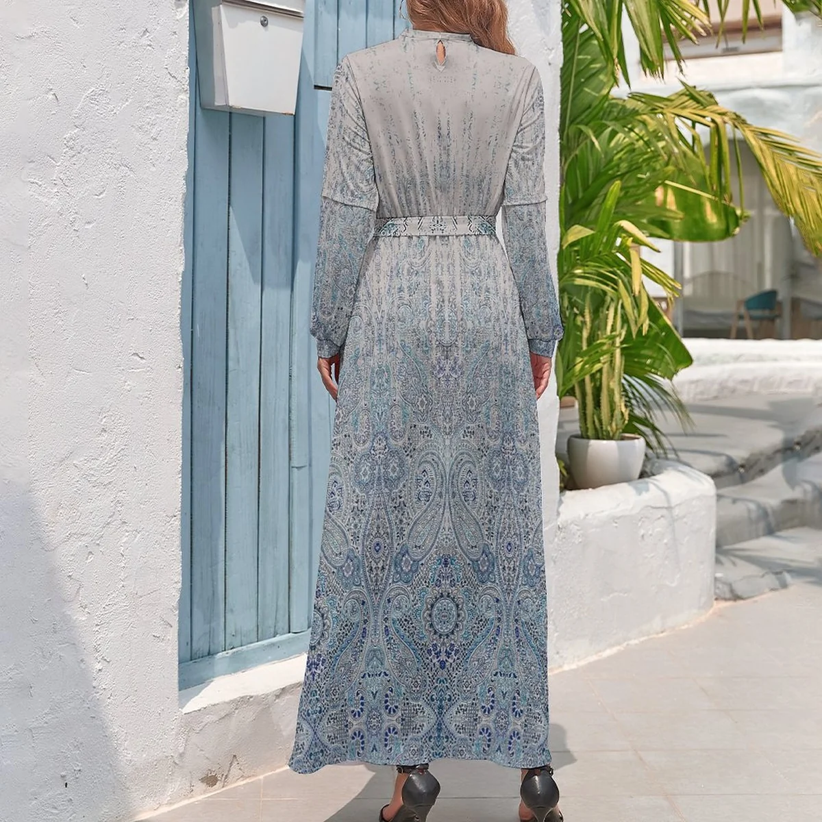 Women's Mock Neck Belted Long Sleeve Maxi Dress - Paisley Ombre Print - view 2