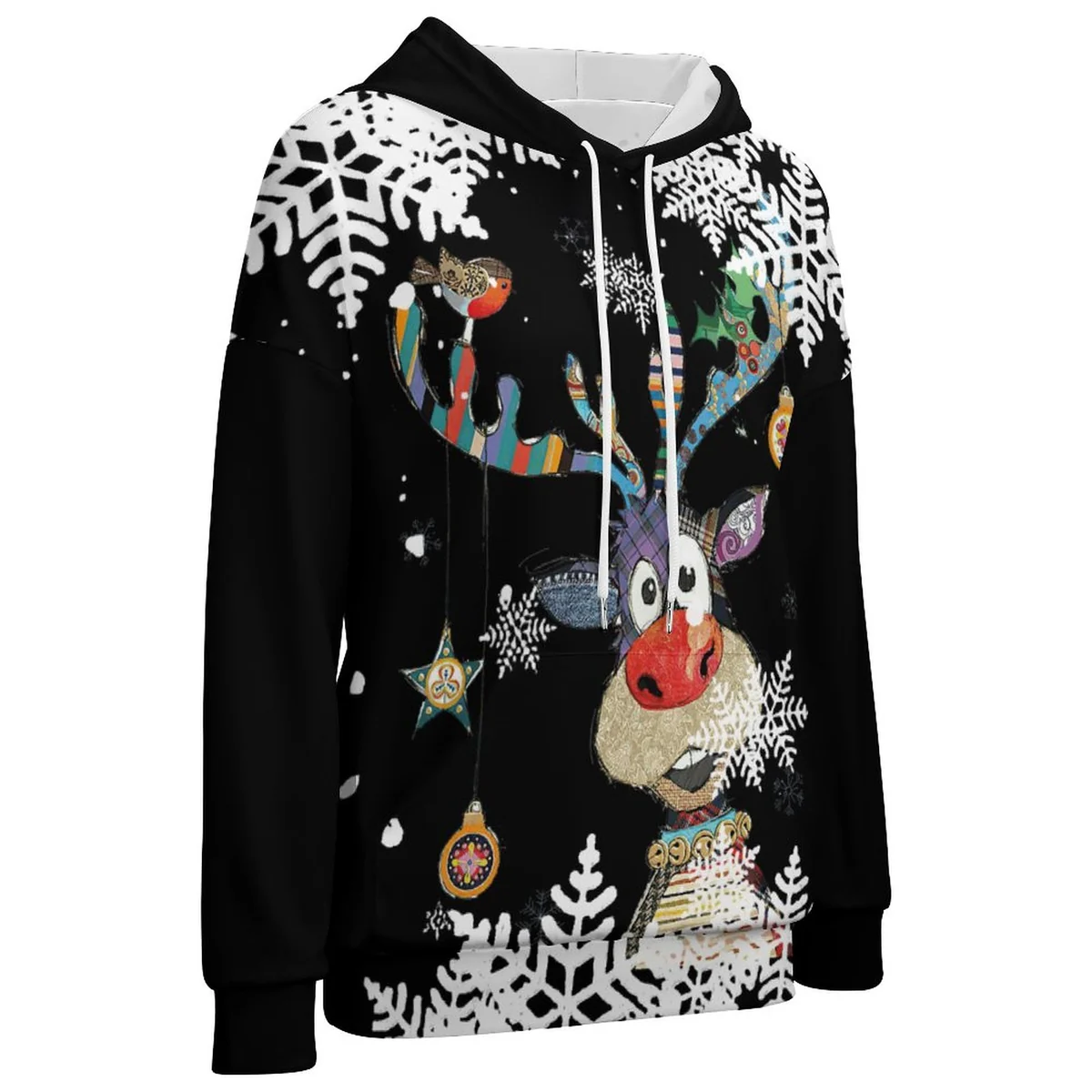 Women's Drop Shoulder Hoodie - Snowflake Reindeer Print - view 4