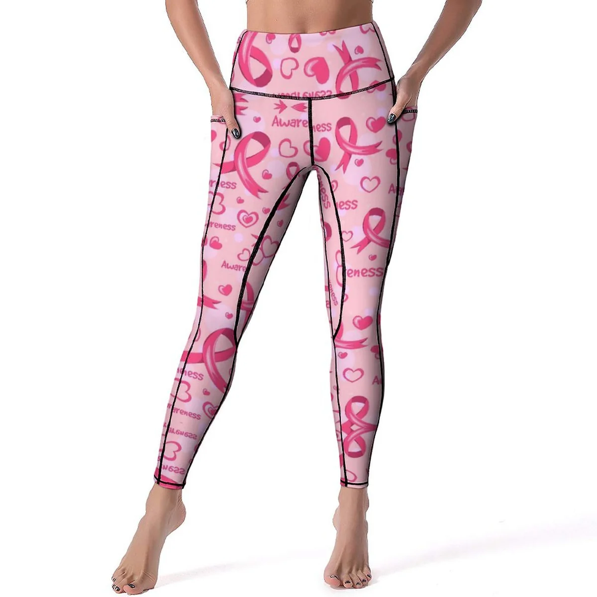 Women's High-Waist Pocket Yoga Leggings - Pink Ribbon Heart Print