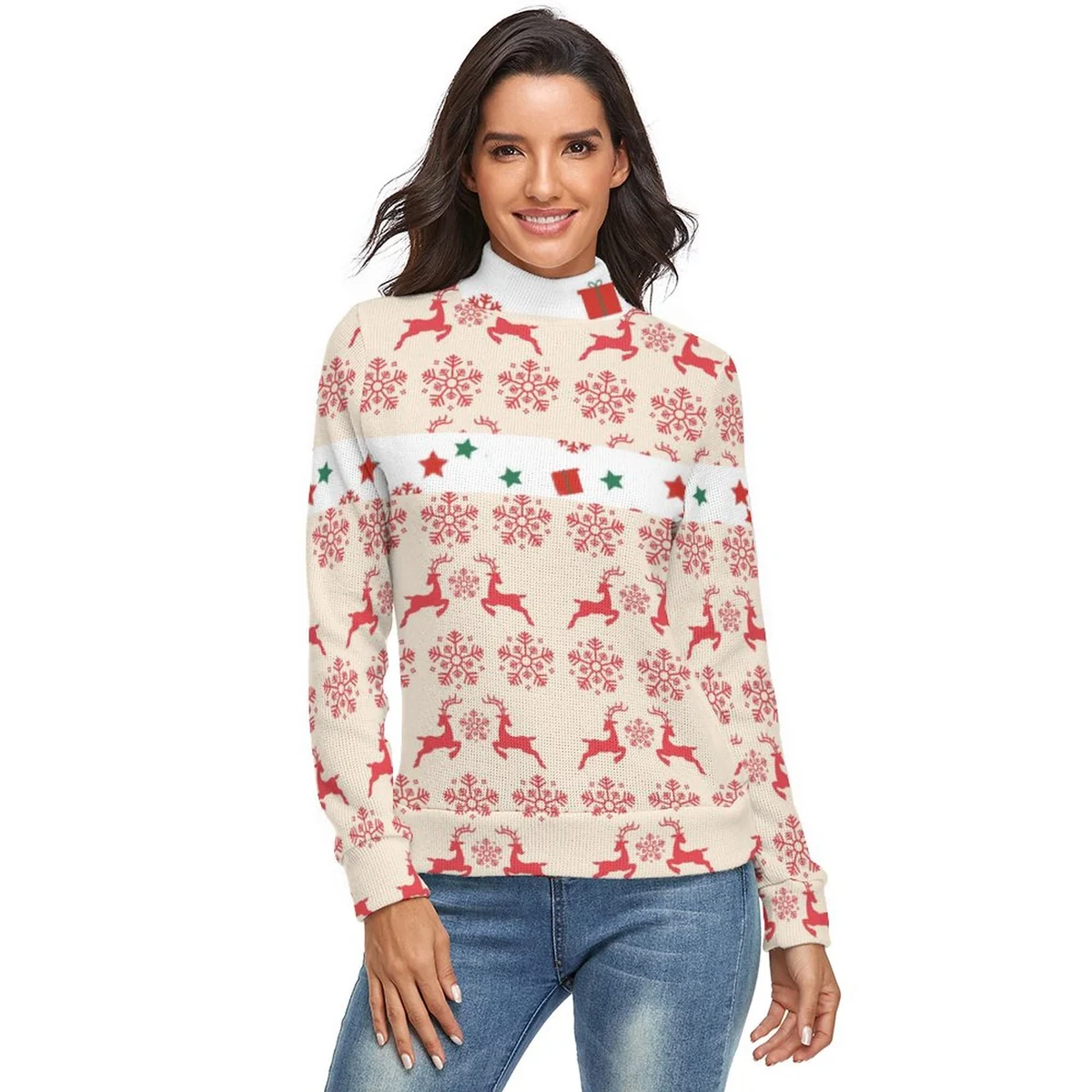 Women's Turtleneck Pullover Sweater - Nordic Reindeer Snowflake Print