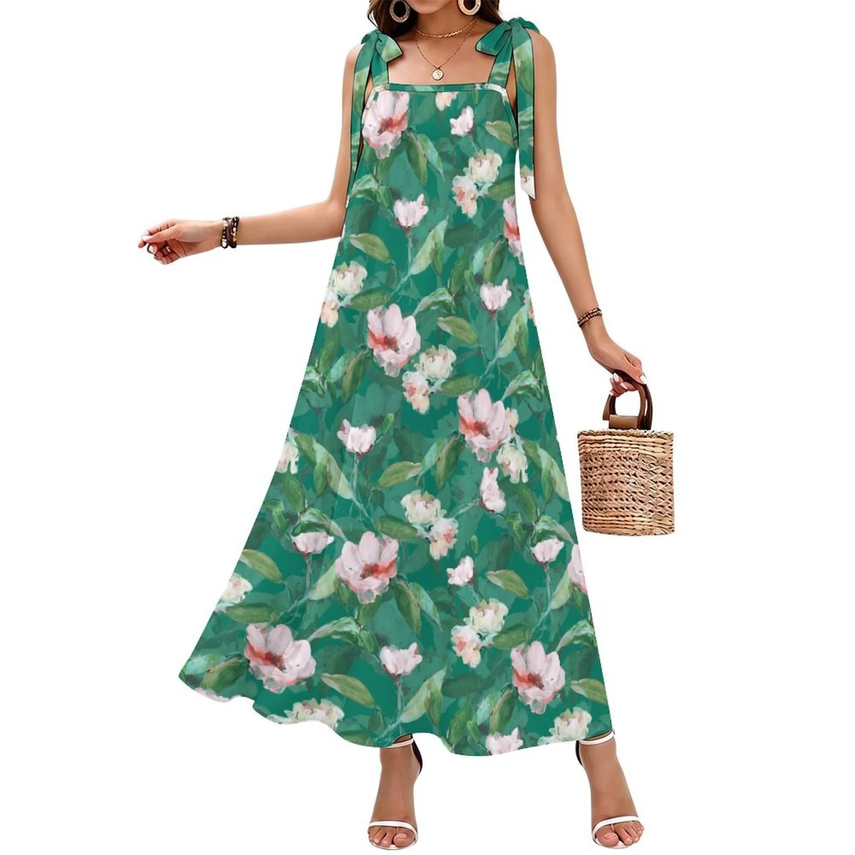 Women's Tie-Shoulder Maxi Dress - Magnolia Leaf Print - view 3