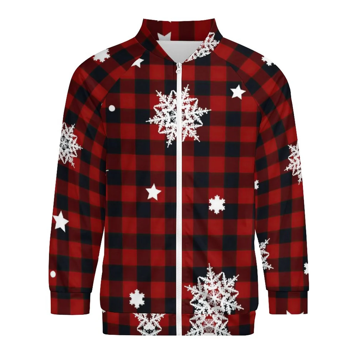 Unisex Raglan Zip Up Jacket - Buffalo Plaid Snowflake Print - view 4