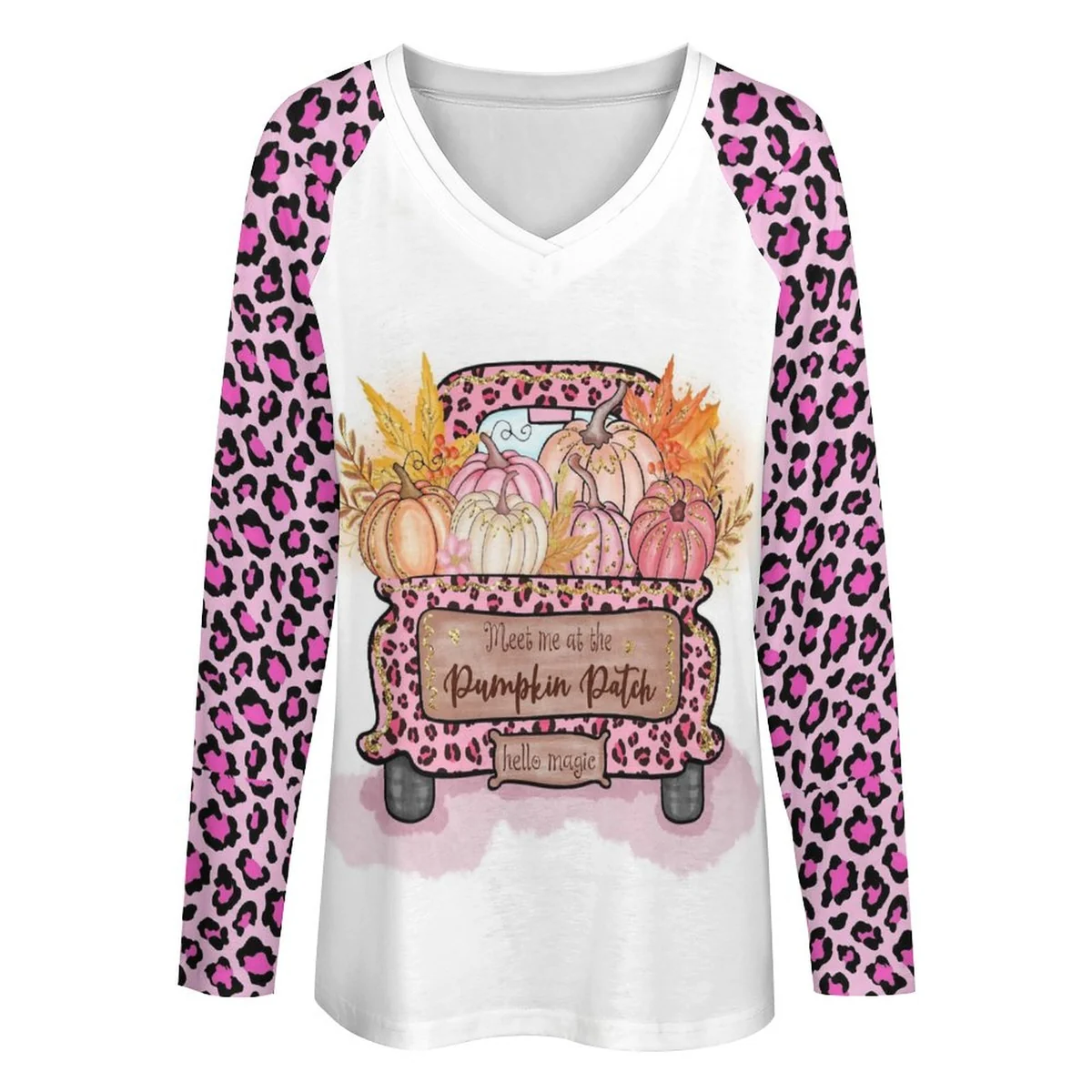 Women's Double Collar V-Neck Long Sleeve Tee - Pumpkin Patch Truck Print - view 4
