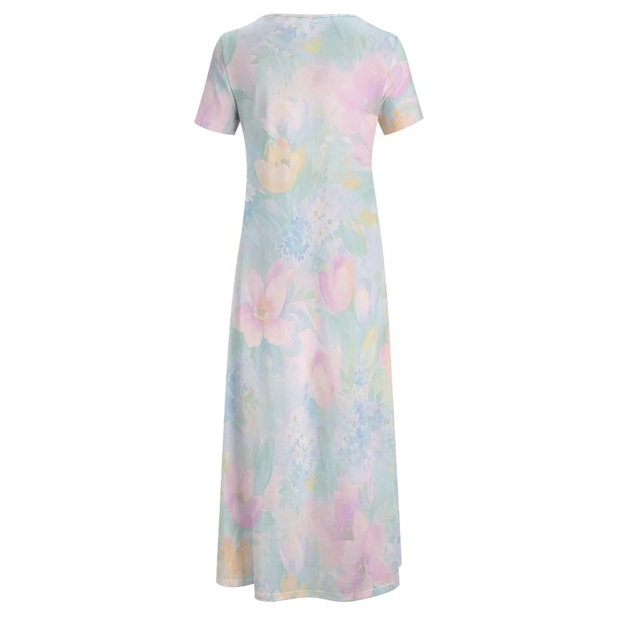 Women's Crew Neck Short Sleeve Maxi T-Shirt Dress - Pastel Watercolor Floral Print - view 4