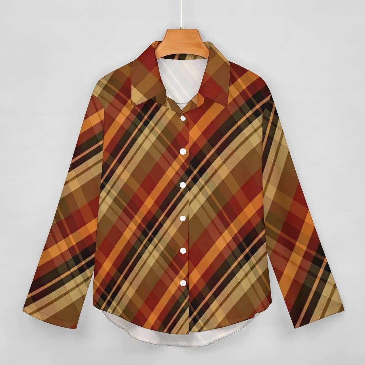 Women's Asymmetric Hem Button-Down Shirt - Autumn Plaid Print - view 3