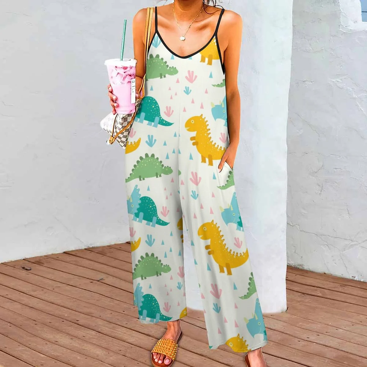 Women's Wide Leg Cami Jumpsuit - Cute Dinosaur Print - view 2