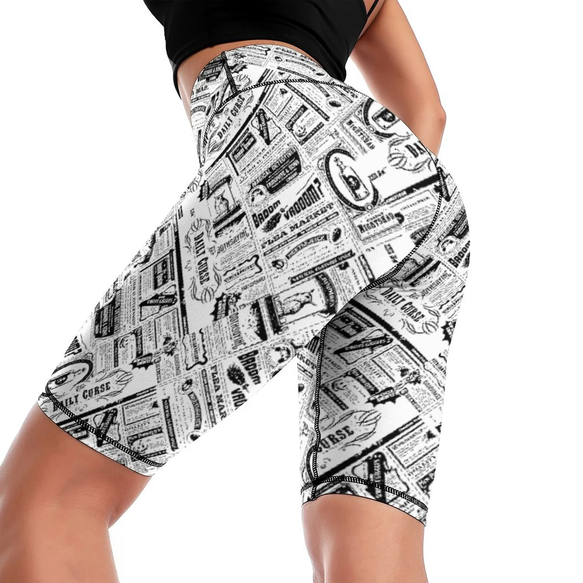 Women's High-Waist Bike Shorts with Pocket - Newsprint Collage Print - view 3