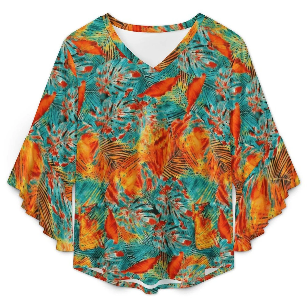 Women's V-Neck Bell Sleeve Blouse - Sunset Palm Frond Print - view 3