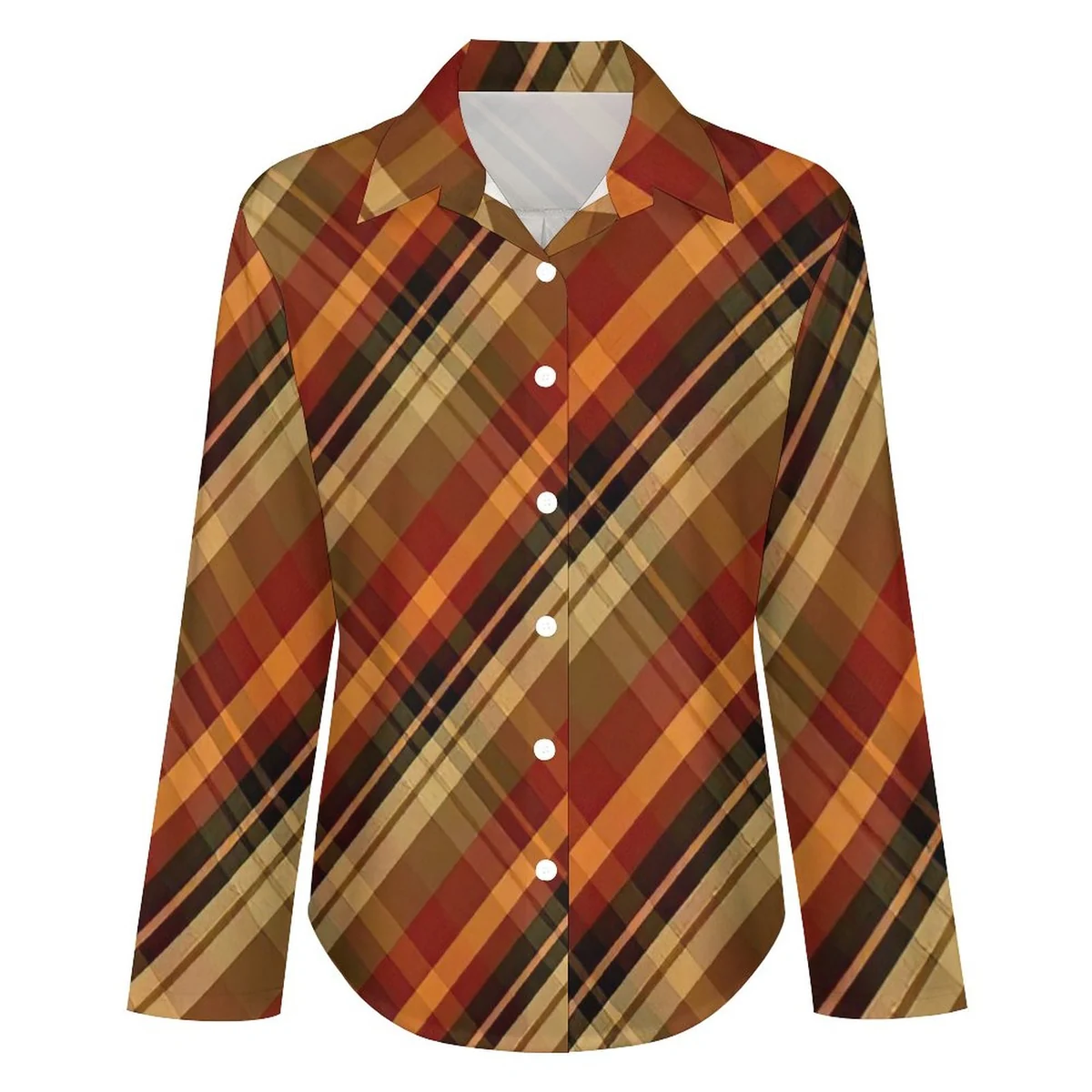 Women's Asymmetric Hem Button-Down Shirt - Autumn Plaid Print - view 4