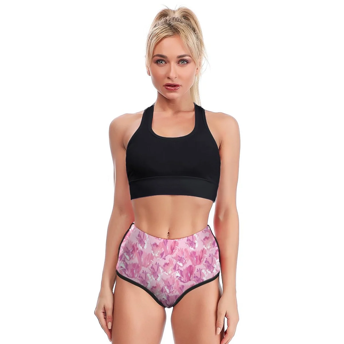 Women's High-Waist Booty Yoga Shorts - Pink Watercolor Blossom Print