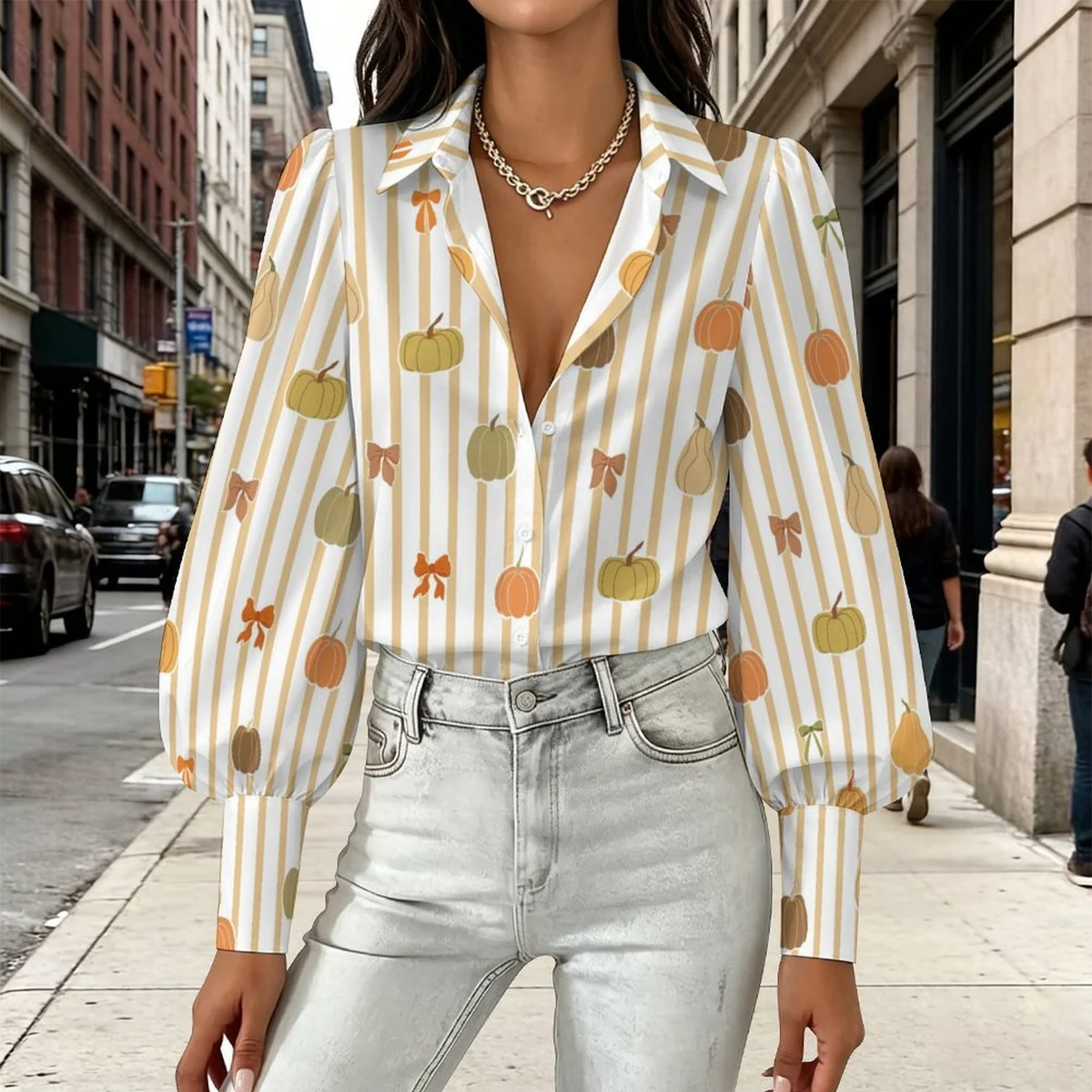 Women's Lantern Sleeve Button-Down Shirt - Pumpkin Stripe Print - view 2