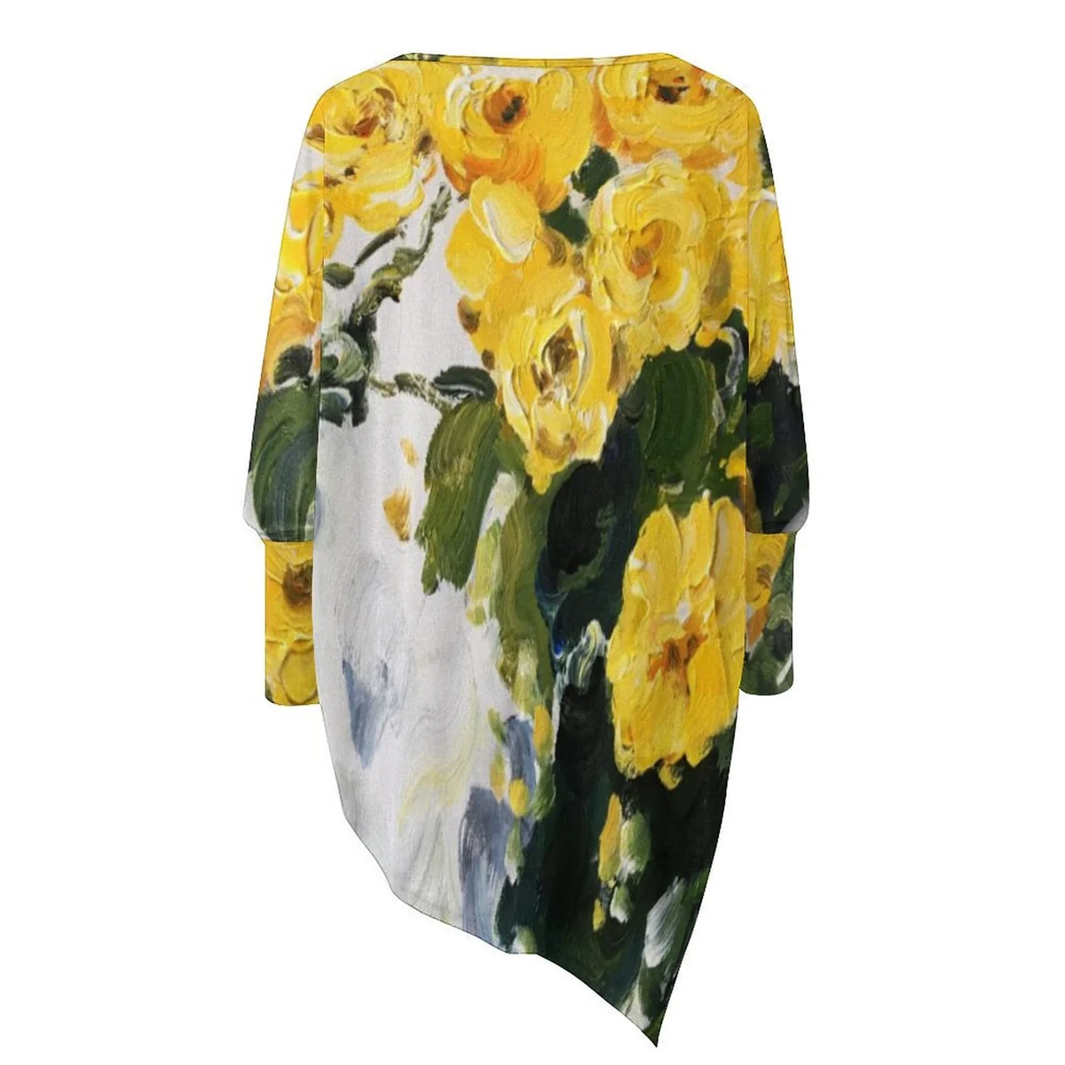 Women's Asymmetric Hem Long Sleeve Tunic - Oil Painted Yellow Rose Graphic - view 3