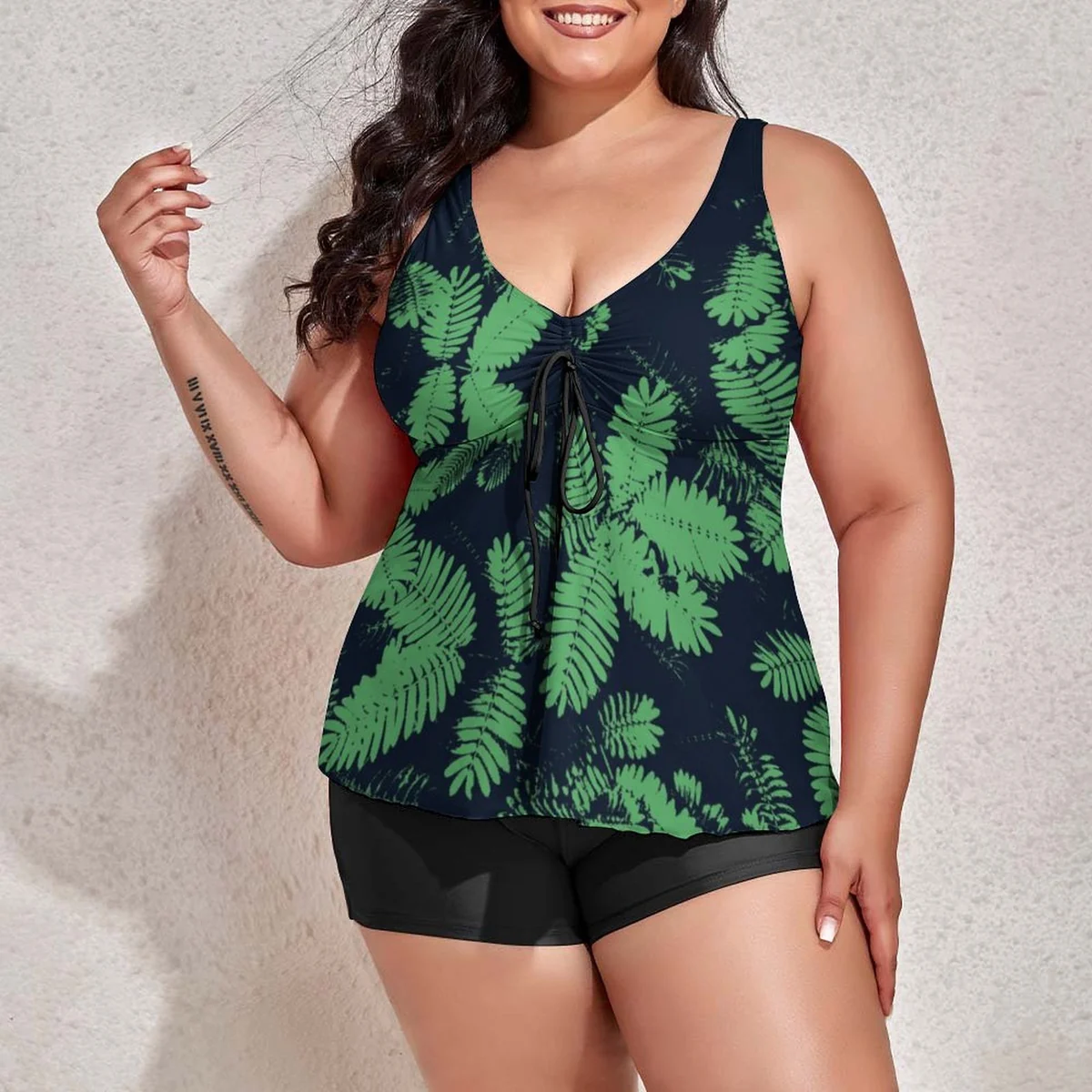 Women's Plus Size Tie-Front Flowy Tankini Set - Fern Frond Print - view 4