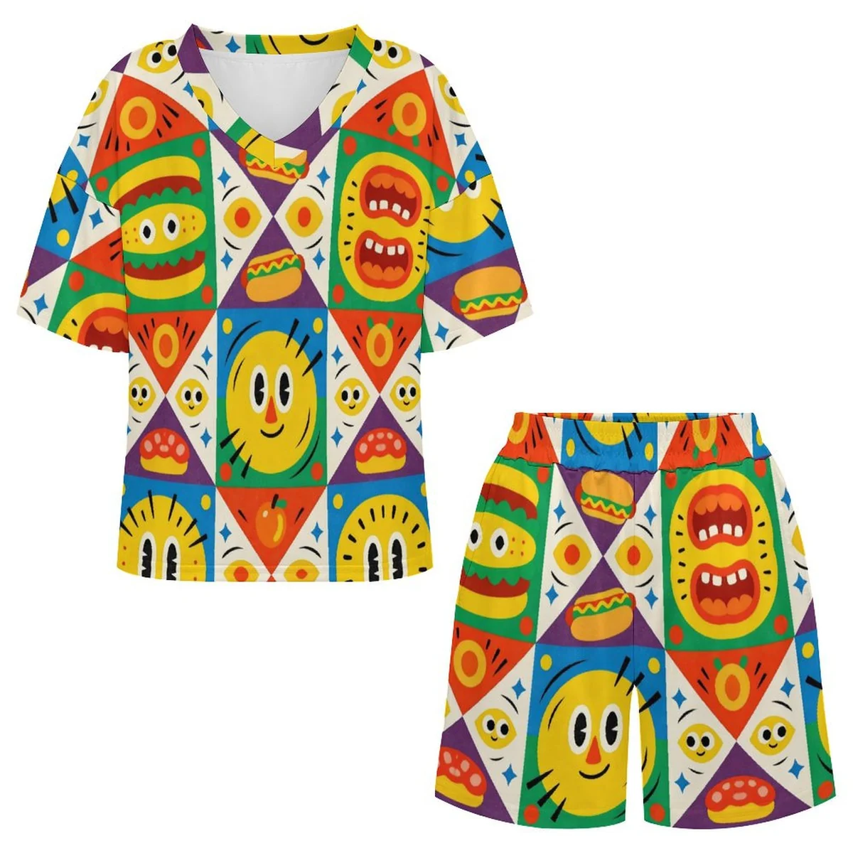 Women's Short Sleeve Pajama Shorts Set - Retro Smiley Mosaic Print - view 5