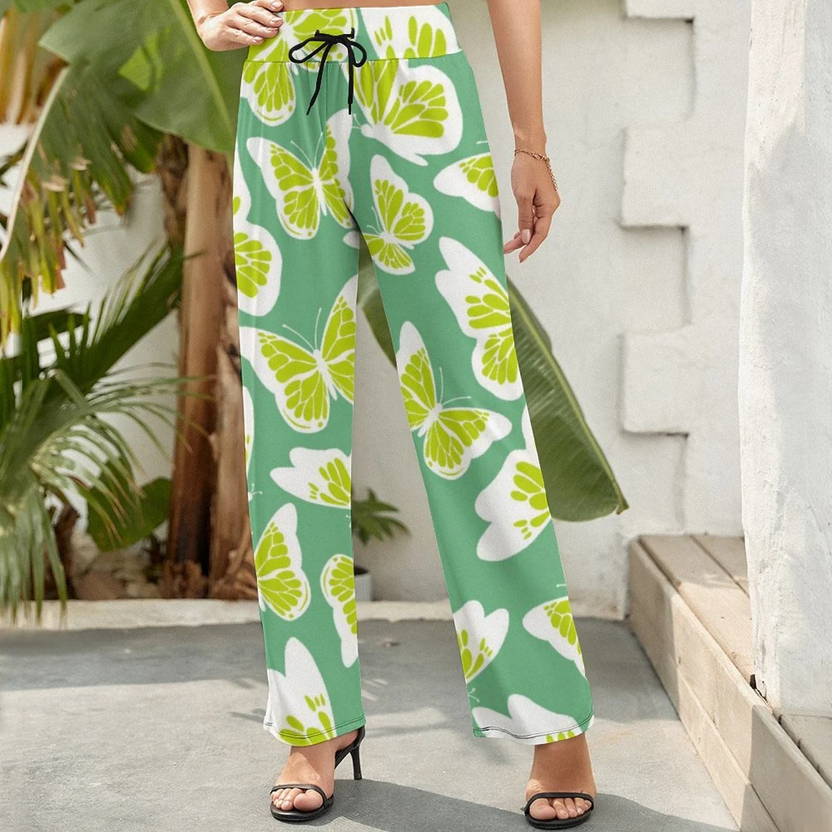 Women's Drawstring Wide Leg Pants - Lime Butterfly Print - view 3