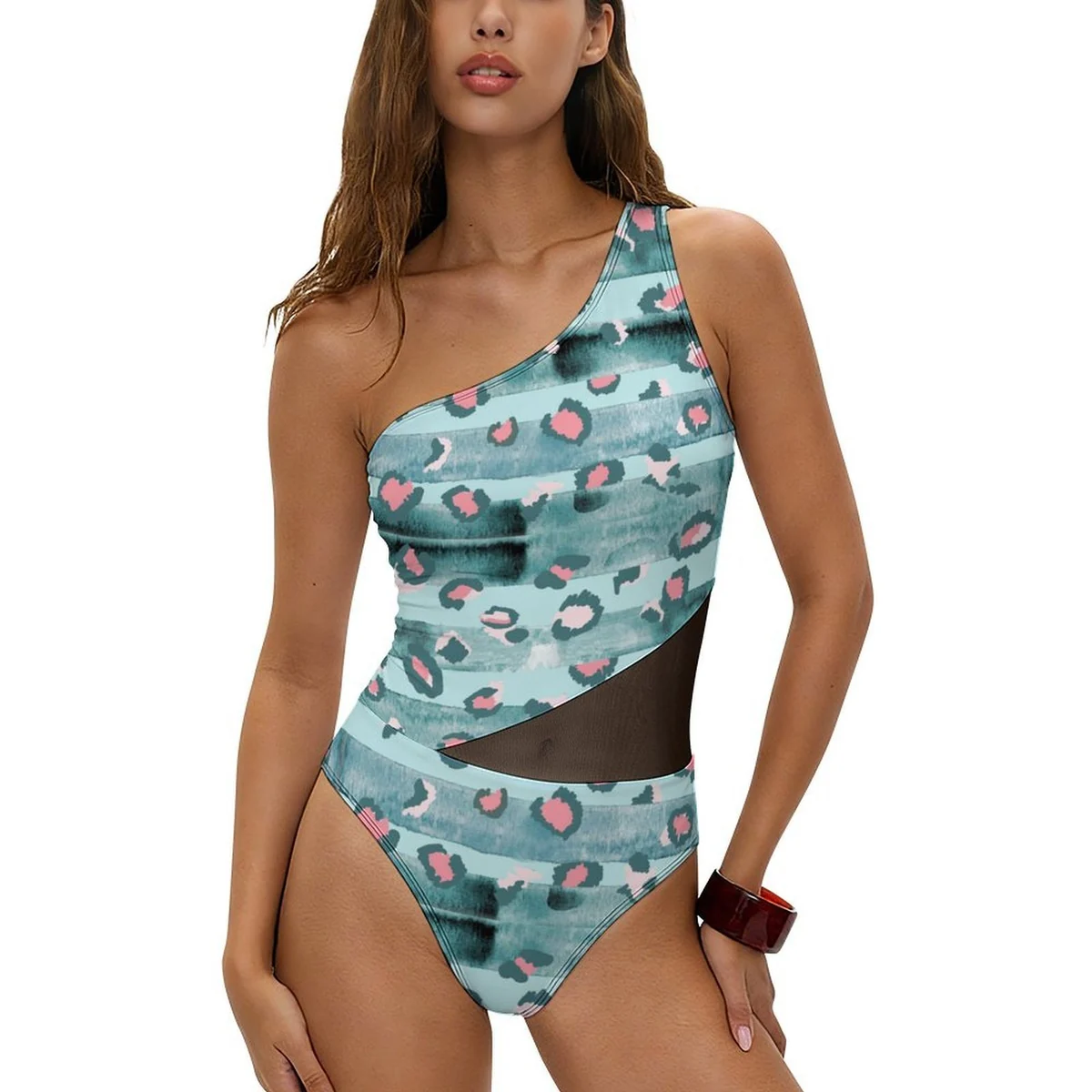 Women's One-Shoulder Mesh Panel One-Piece Swimsuit - Aqua Leopard Print