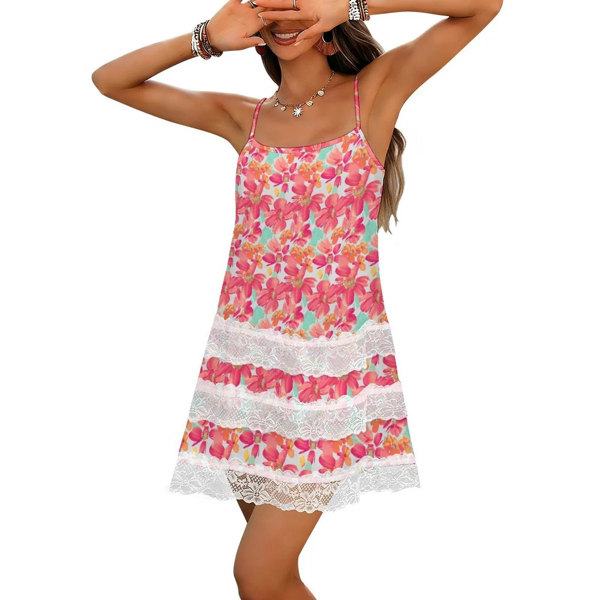 Women's Lace Trim Cami Swing Dress - Tropical Blossom Print
