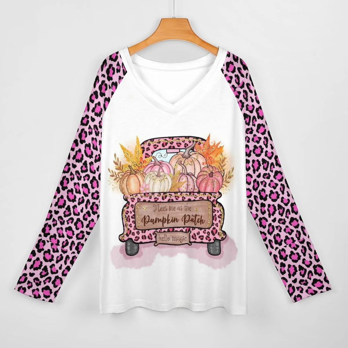 Women's Double Collar V-Neck Long Sleeve Tee - Pumpkin Patch Truck Print - view 3