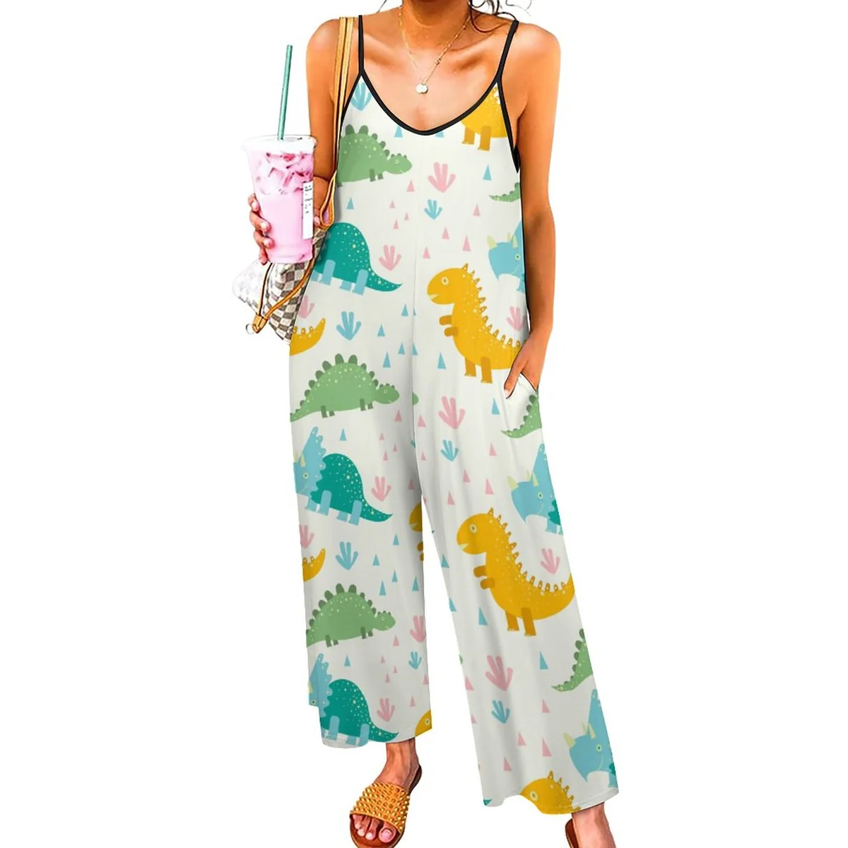 Women's Wide Leg Cami Jumpsuit - Cute Dinosaur Print