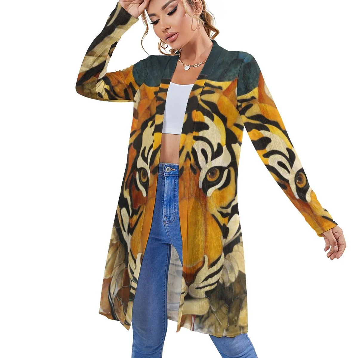 Women's Longline Open Front Cardigan - Painted Tiger Face Print - view 6