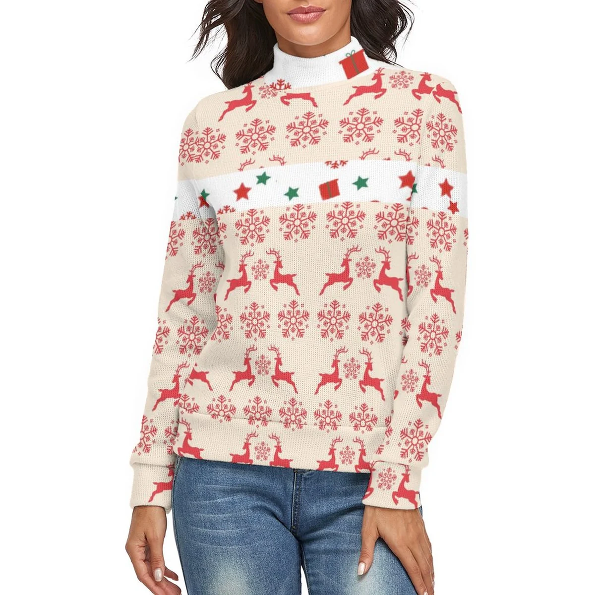 Women's Turtleneck Pullover Sweater - Nordic Reindeer Snowflake Print - view 4