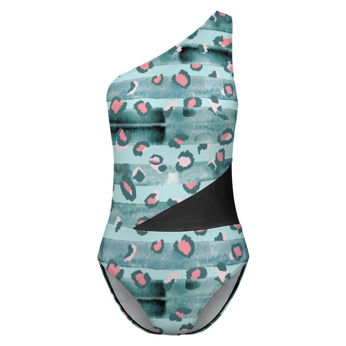 Women's One-Shoulder Mesh Panel One-Piece Swimsuit - Aqua Leopard Print - view 5