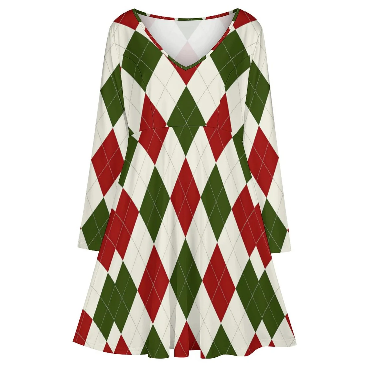 Women's Plus Size V-Neck Long Sleeve Swing Dress - Holiday Argyle Print - view 3
