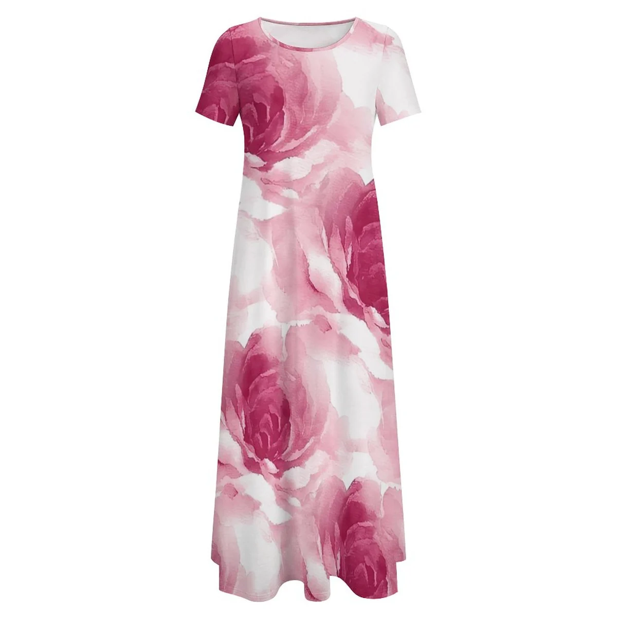 Women's Crew Neck Short Sleeve Maxi T-Shirt Dress - Watercolor Rose Print - view 3
