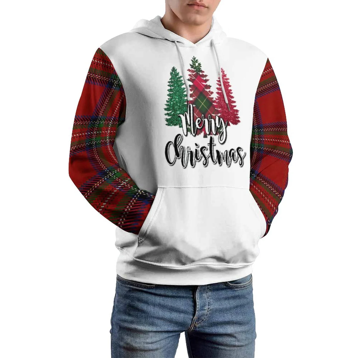 Unisex Double-Lined Hood Hoodie - Merry Christmas Tree Plaid Graphic - view 6