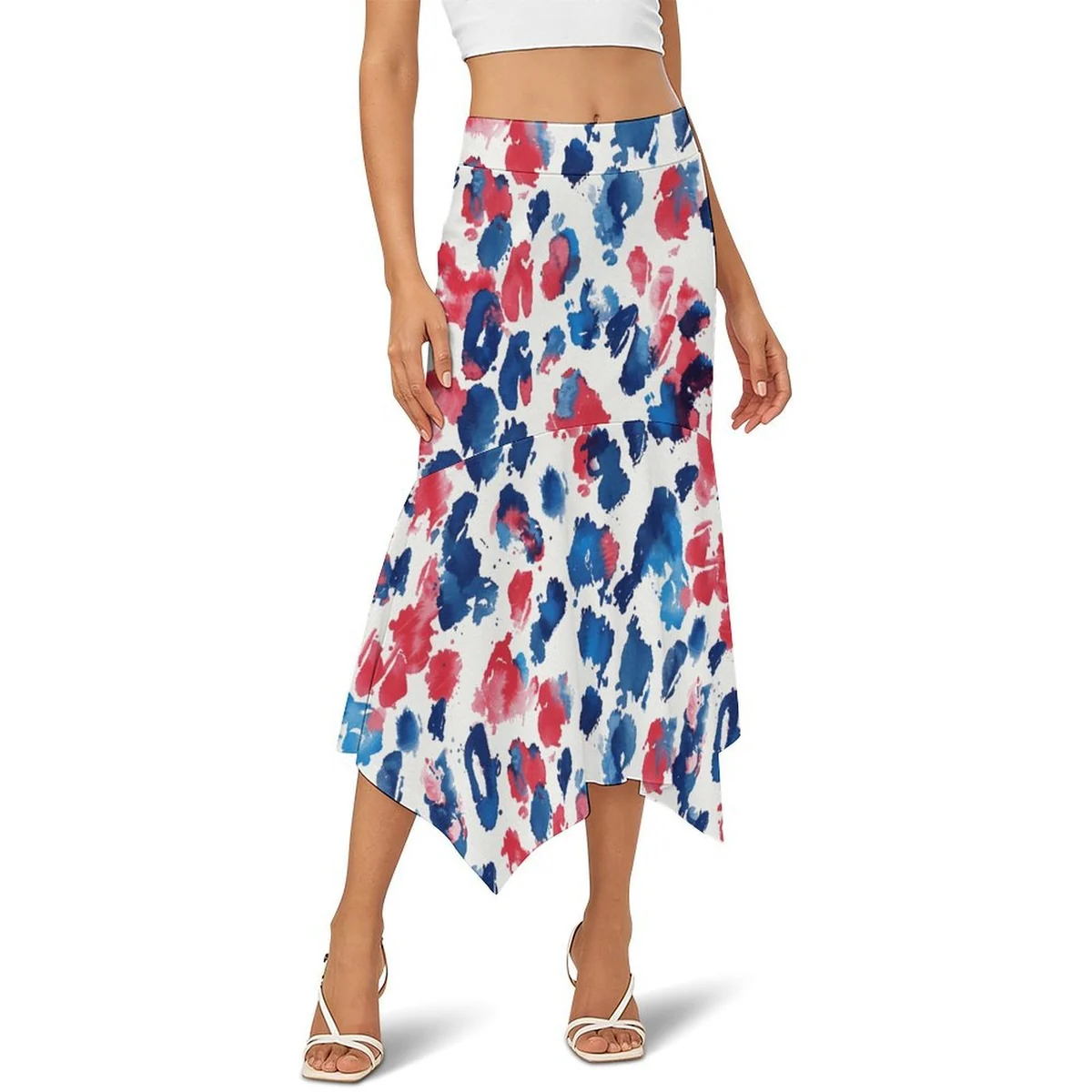 Women's Asymmetric Handkerchief Hem Midi Skirt - Watercolor Brushstroke Print