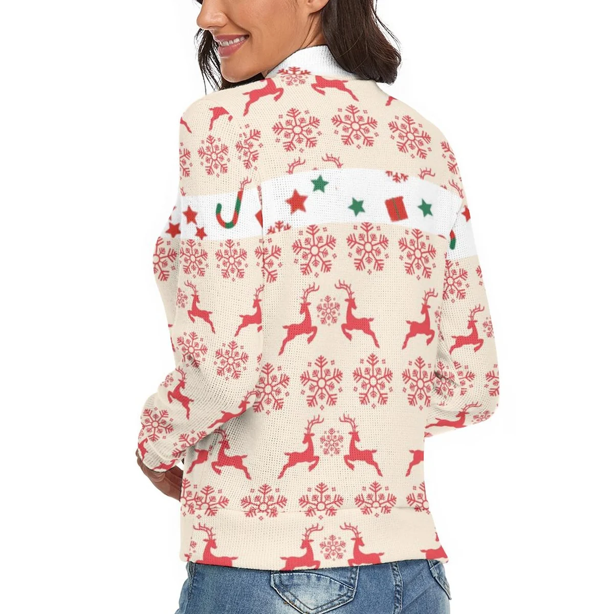 Women's Turtleneck Pullover Sweater - Nordic Reindeer Snowflake Print - view 3