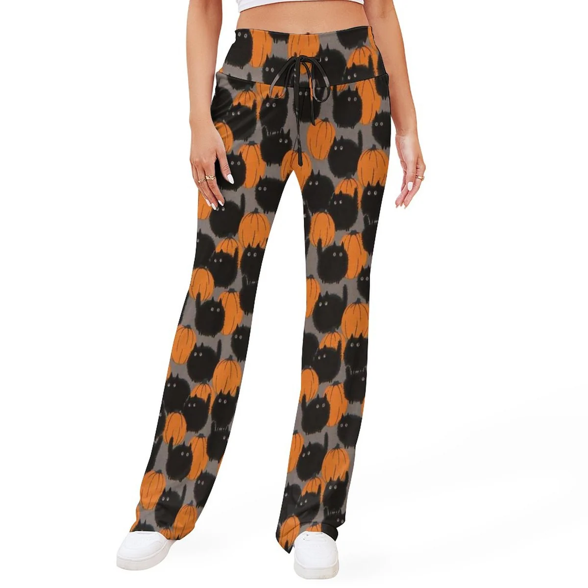 Women's Drawstring Straight Wide Leg Pants - Black Cat Crowd Print - view 2
