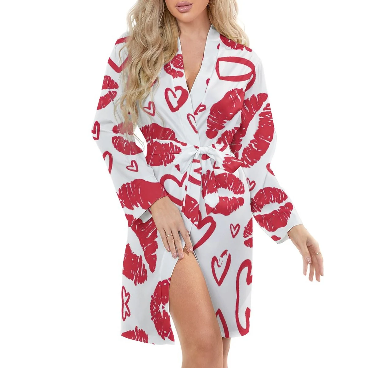 Women's Long Sleeve Belted Robe - Red Lips and Hearts Graphic - view 5