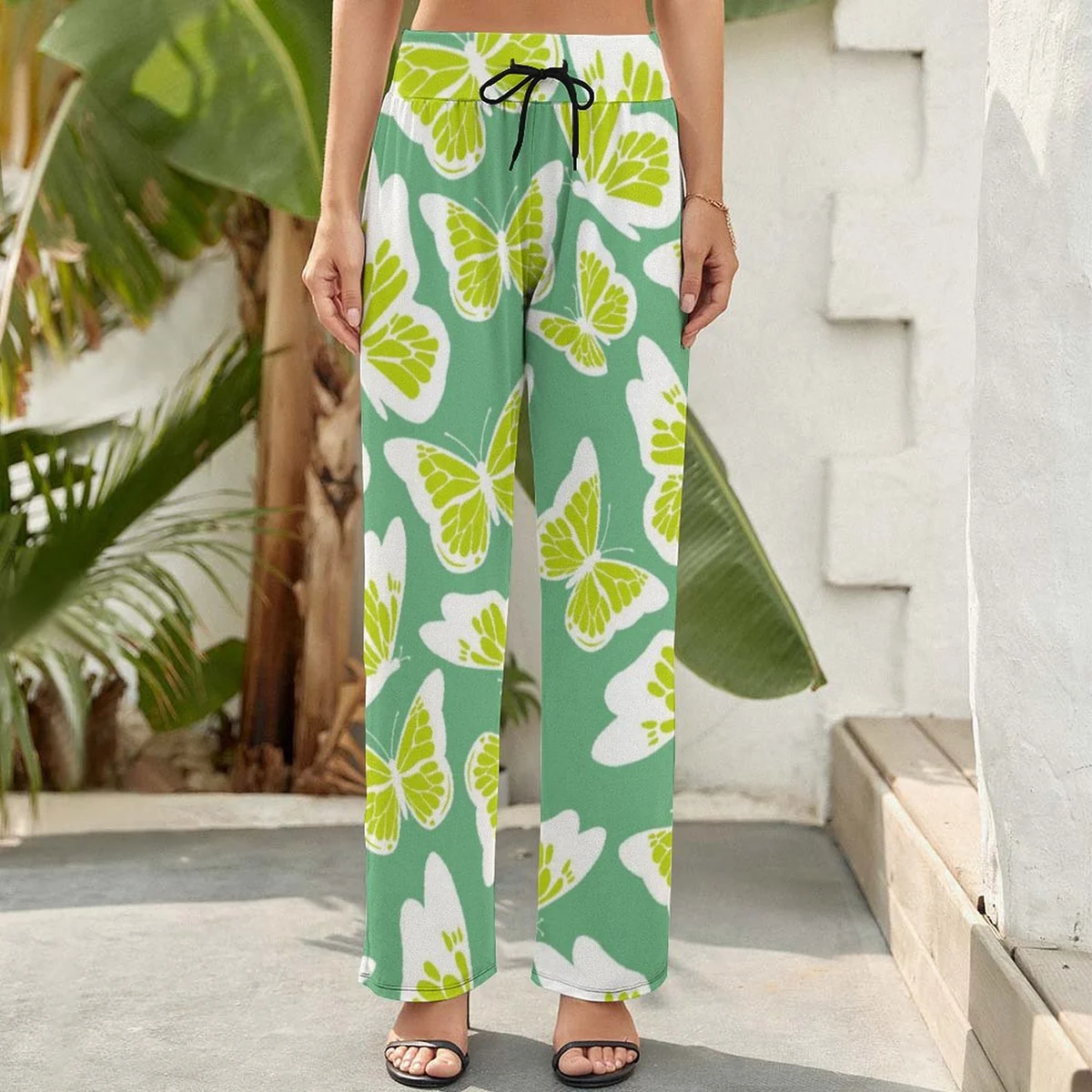 Women's Drawstring Wide Leg Pants - Lime Butterfly Print - view 4
