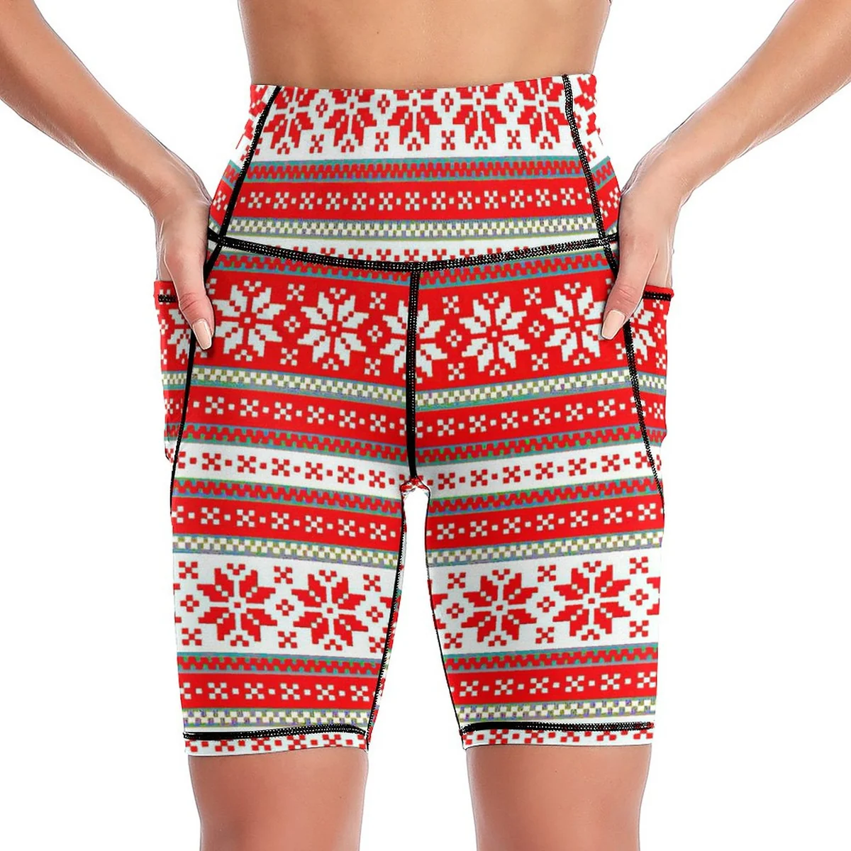 Women's High-Waist Bike Shorts with Pockets - Nordic Fair Isle Print