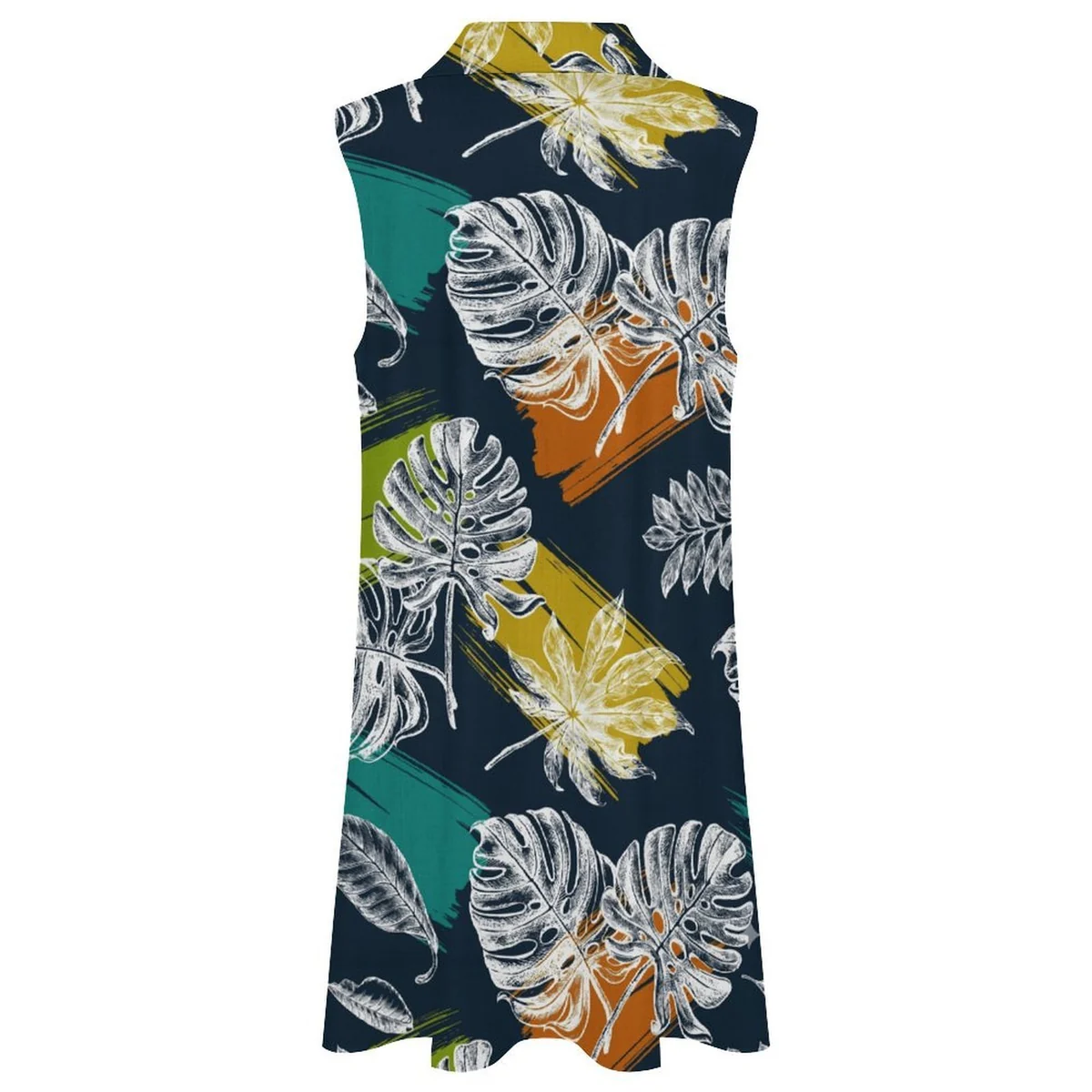 Women's Collared V-Neck Sleeveless Shift Dress - Monstera Colorblock Print - view 5