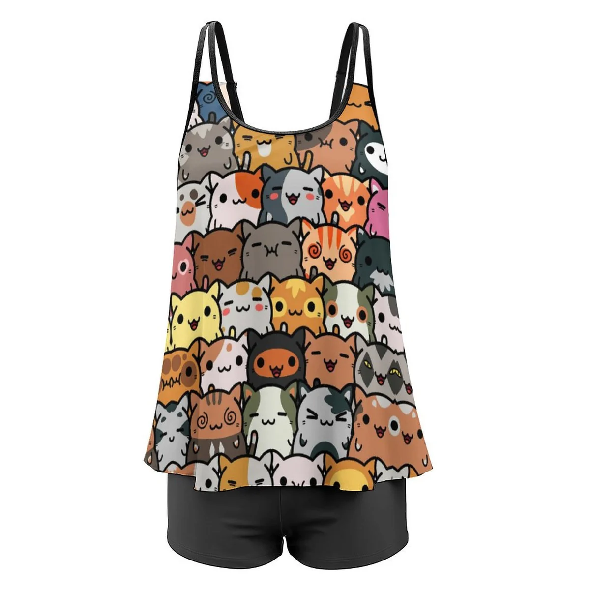 Women's Strappy Flowy Tankini Set - Kawaii Cat Crowd Print - view 6