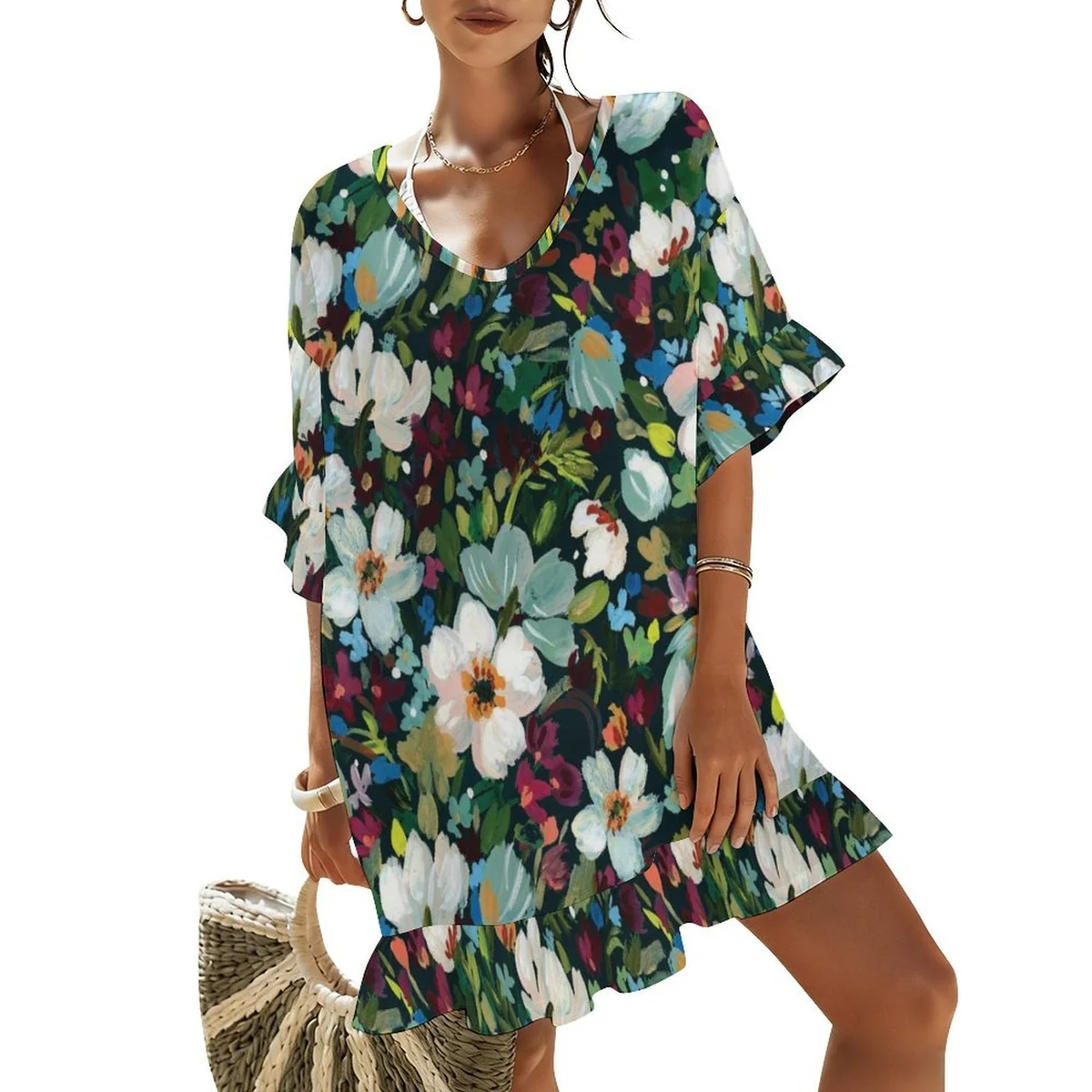 Women's Ruffle Sleeve Beach Cover-Up Dress - Moonlit Garden Floral Print